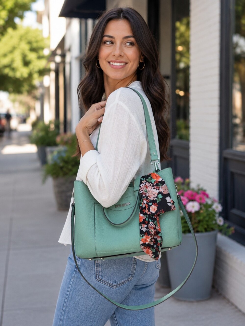 Steve Madden Mint Green Pebbled Faux Leather 2 In 1 Shoulder Bag w/ Floral Scarf